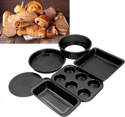 Productafbeelding van Set van 6 antiaanbakbakvormen van koolstofstaal, ideaal voor thuisgebruik, met een gelijkmatige warmteverdeling, geschikt voor taarten, brood en pizza