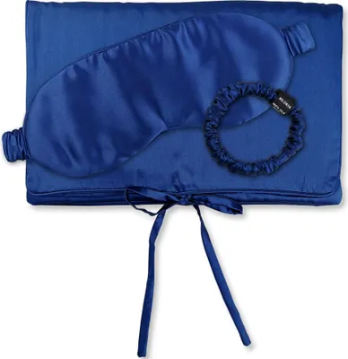 Immagine prodotto di AILORIA TRAVEL SET BEAUTY S - borsa, maschera per dormire e scrunchie S in seta BLU