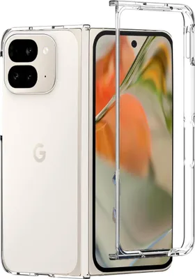 A transparent phone case is shown with a folded phone inside.