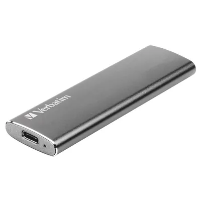 A gray external SSD drive with a USB-C port on a white background.