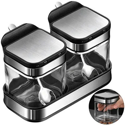 Produktbild von Gewürzgläser Set 2-teilig,Glas Vorratsdosen für Salz, Zucker & Gewürze mit Edelstahl-Deckel & Löffel