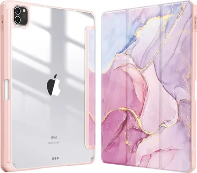 Produktbild von Fintie Hybrid Hülle für iPad Pro 11 2022/2021 (3./4. Generation) mit Stifthalter - Stoßfeste Schutzhülle mit transparenter Hartschale auf der Rückseite für iPad Pro 11 2020/2018, Rosa Marmor