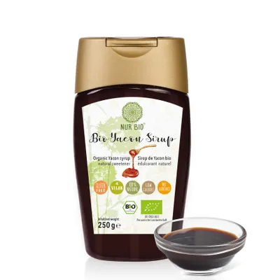 Produktbild von NurBio® Yacon Sirup BIO 250 g - natürliche Süße aus der Yaconwurzel, ohne Zusätze, höchste Reinheit, vegan, Bio DE-ÖKO-003