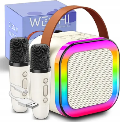 Produktbild von Kuketo | Kinder Karaoke Set Beige Mit Bluetooth Lautsprecher & 2 Mikrofonen – LED Party Lautsprecher Mit USB – Perfektes Geschenk Für Kinder