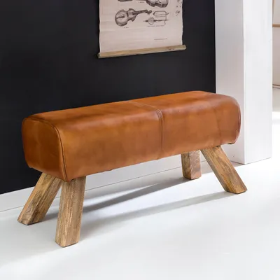 Zdjęcie produktu dla FineBuy Design Ławka gimnastyczna 90 cm Cognac Prawdziwa skóra Drewno mango Retro Taboret, skórzany taboret z drewnianymi nogami, taboret Sprinbock, ławka do przedpokoju