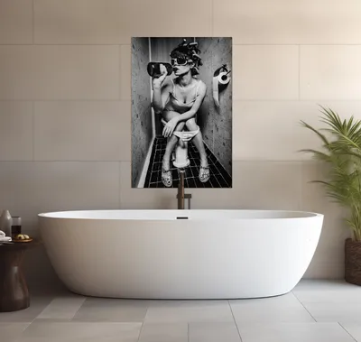 Produktbild von Wallario wasserfestes Poster selbstklebend 91,50 x 61 cm, Kloparty - Sexy Frau auf Toilette mit Weinflasche, Badezimmerposter Spritzschutz mit Hochglanzoberfläche in Glasoptik