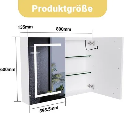 Immagine prodotto di Armadietto da bagno a LED con montaggio a parete - 80x60 cm - Bianco