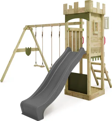 Image de FATMOOSE Tour de jeux TreasureTower avec balançoire & toboggan, tour à grimper avec bac à sable, échelle & accessoires de jeu - anthracite / vert olive