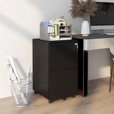 Productafbeelding van Rolcontainer, 37 x 43,5 x 67,5 cm, met 2 lades, archiefkast van staal, 2 afsluitbare lades, wielen, zwart, kantoorkast voor thuiswerken
