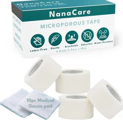 Productafbeelding van Famanu Chirurgische Tape, 2,5 cm x 10 meter - 4 rollen + 10 gaaskompressen