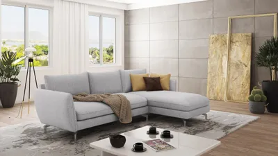 Produktbild von S-STYLE MÖBEL - Modernes Ecksofa Frema mit Silber Metall Füßen aus Silber Luxusmicrofaser  - Ottomane rechts - B/T/H: 261 cm/167 cm/87cm