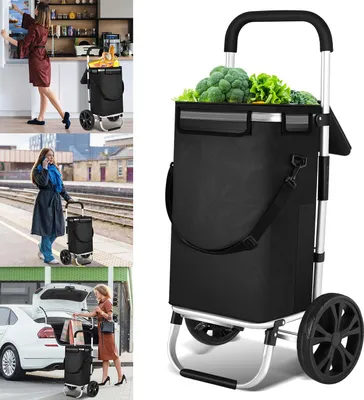 Zdjęcie produktu dla Składany czarny wózek na zakupy Jayseuw, nośność 40 kg, aluminiowa rama, wymiary 42 x 35 x 96 cm