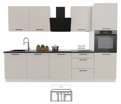 Produktbild von Küchenzeile 300 cm - Beige Matt - ohne Arbeitsplatte - mit Hochschrank - Scharniere mit Softclose-Funktion - DENIS