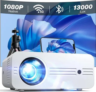 Image de Mini-projecteur laser avec Wi-Fi 5G et Bluetooth, 13 000 lux, prise en charge 4K et 1080p - Home cinéma jusqu'à 300 pouces, compatible avec iOS, Android, clé TV HDMI et PS5 (sacoche et trépied inclus)