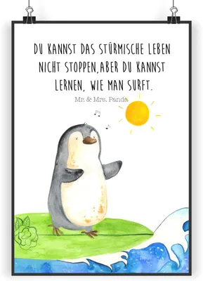 Produktbild von Mr. & Mrs. Panda Bild Pinguin Surfer DIN A4 - Weiß - Geschenk, Urlaub, wanddeko, Portugal, Plakat, Wandbild, Motiviert, Hawaii, Optimistisch, drucke, Kunstdruck