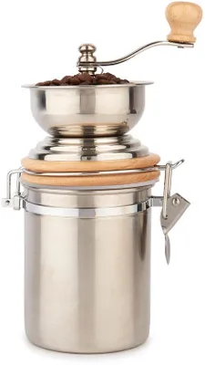 Produktbild von Unyqoos® Manuelle Kaffeemühle – Vintage Handmühle aus Edelstahl (Silber), einstellbares Mahlwerk, luftdichte Dose für frisch gemahlenen Kaffee