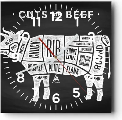 Produktbild von Wanduhr - Quadrat - Glasuhr - Kuh Rindfleisch Kochen Grafik - 40x40cm - Schleichendes Uhrwerk - Lautlos - zum Aufhängen bereit - Dekoration Modern - Wanddekoration aus Glas - C4AC40x40-3156