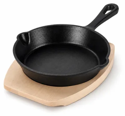 Produktbild von Freyersbacher® Gusseisenpfanne 15 cm, Emaille Bratpfanne | mit Brett und Tuch