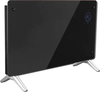 A black glass panel heater with silver legs is shown against a white background.