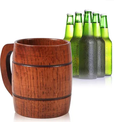 Produktbild von Stück praktischer, handgefertigter Bier-, Milch-, Kaffee- oder Teebecher aus Holz mit Henkel für die Hausbar