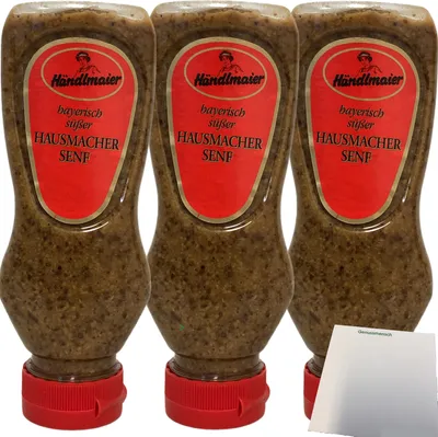 Produktbild von Händlmaier's Hausmachersenf süß Süßer-Senf 3er Pack (3x225ml Flasche) + usy Block