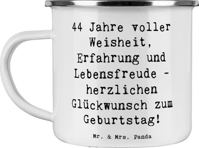 Produktbild von Mr. & Mrs. Panda Emaille Becher Spruch 44. Geburtstag - Weiß - Geschenk, Zuneigung, Geburtstagsgeschenk, Tasse, Happy Birthday, Teetasse, besonderen Tag, Pott, 44 Jahre