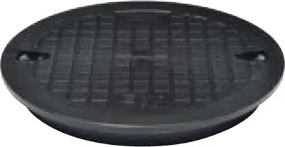 A black, round plastic lid with a grid pattern on top, designed for a manhole pipe.