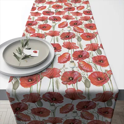 Produktbild von Tischläufer Baumwolle 40x150cm mit roten Mohnblumen Weiß Rot
