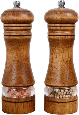 Produktbild von Holz-Salz- und Pfeffermühle, handbetriebene Mühle mit Acrylglasfenster, einstellbare keramische Mahlgrade - 6,5 Zoll, 2er-Pack