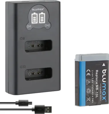 Produktbild von 1x Akku + LCD Lader für Canon NB-13L PowerShot SX730HS, SX740HS 1250 mAh (3,6V)