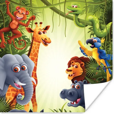 Produktbild von MuchoWow® Poster Dschungel - Jungen - Mädchen - Baby - Elefant - Löwe - Giraffe 100x100 cm - Babyzimmer