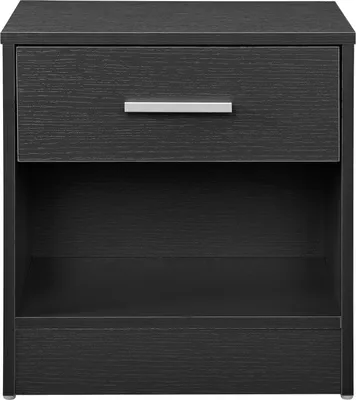 A front view of a dark gray nightstand with a single drawer and an open shelf.