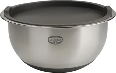 Produktbild von Dr. Oetker Rührschüssel mit Deckel 5 L BACK SPASS, Rührschüssel mit rutschfestem Silikonboden & flachem Schüttrand, Schüssel aus hochwertigem Edelstahl(Farbe: Silber/Grau-Braun) - spülmaschinengeeignet, Menge: 1 x Stück