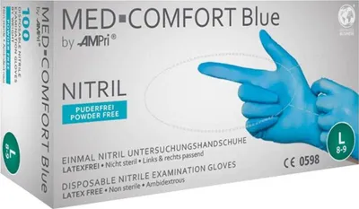 Produktbild von Ampri Einweghandschuhe Nitril, MED COMFORT BLUE, puderfrei, Gr.S