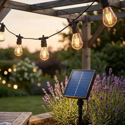 Produktbild von Solar LED Lichterkette Warmweiss 8m: 10 Lampen, IP44 Wetterfest - Mit Fernbedienung, perfekt für Garten, Balkon, Terrasse & als Party Deko