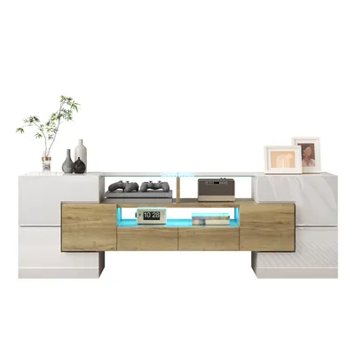 Produktbild von Stilvoller TV-Schrank(145 cm,Holzfarbe)Lowboard,LED-Beleuchtung,Wohnzimmermöbel,modernes Design,elegante Glasoberfläche