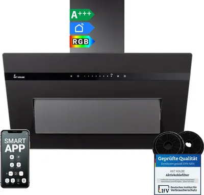 Produktbild von KKT KOLBE A+++ Dunstabzugshaube 80 cm 782 cbm/h Umluft Abluft Kopffrei Wandhaube | Glas Matt Schwarz | Nachlaufautomatik | Smart WiFi App WLAN | SensorTouch | RGBW LED-Beleuchtung | PLOOM8005S