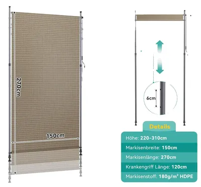 Obrázek produktu pro Vertikální markýza, nastavitelná výška, instalace bez vrtání, rozměry 150x270 cm