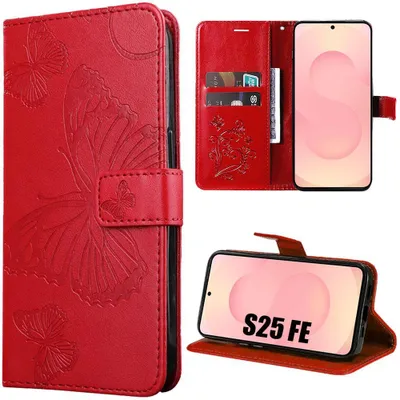 Image de Coque pour Samsung Galaxy S25 FE, Protection Flip Case Antichoc en Simili Cuir Motif Papillons - Rouge