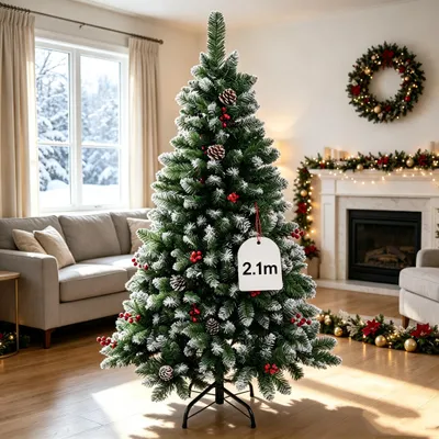 Produktbild von 210cm Künstlich Weihnachtsbaum,Tannenbaum mit Schnee-Effekt,mit 28 Tannenzapfen und 36 rote Beere,realistische Weihnachtsbäume für Zuhause,Büro (Grün)