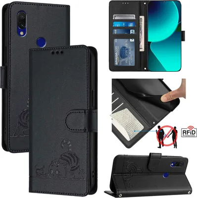 Obrázek produktu pro Kožené pouzdro pro Xiaomi Redmi 7, sladká kočka Flip pouzdro s funkcí stojánku a peněženkou černé