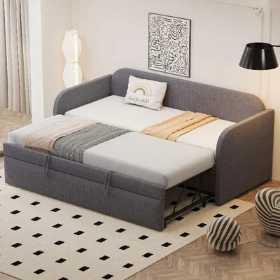 Immagine prodotto di Divano letto 90x190 cm, estendibile a 180x190 cm, con struttura imbottita e rete a doghe, rivestito in tessuto di lino grigio con motivo a righe verticali, ideale per soggiorni o camere degli ospiti