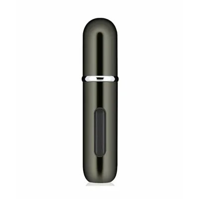 A close-up studio shot of a small, portable perfume atomizer.