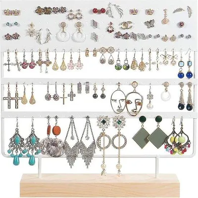 Produktbild von Famanu Oorbellen Organizer - Schmuckdisplay mit Holzsockel - 144 Löcher für hängende Ohrringe - Weiß