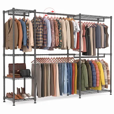 Produktbild von Schwerlast Kleiderständer Ausziehbar 240*40*198cm, Freistehendes Schranksystem mit 5 Stangen & 6 Ablagen, Metall Garderobe bis 360kg, Schwarz