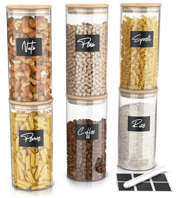 Immagine prodotto di Set di 6 barattoli per alimenti da 1,5 litri ciascuno, realizzati in vetro borosilicato, con coperchio in bambù e guarnizione in silicone, ermetici, adatti per temperature da -40 a +400 °C. Include 6 etichette e un pennarello