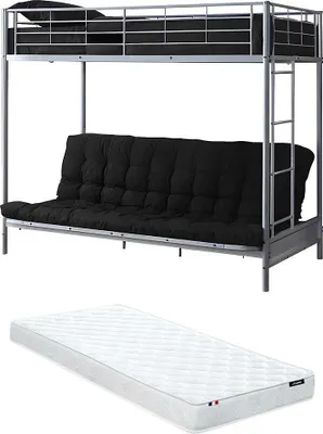 Produktbild von Zwischengeschossbett 90 x 190 cm - Mit klappbarer Bank - Metall - Silber + Futon + Matratze - MODULO V