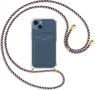 Produktbild von Handykette Backcover-Schutzhülle mit Band (Metall goldfarben) für Apple iPhone 14 (6.1'') - blau+beige