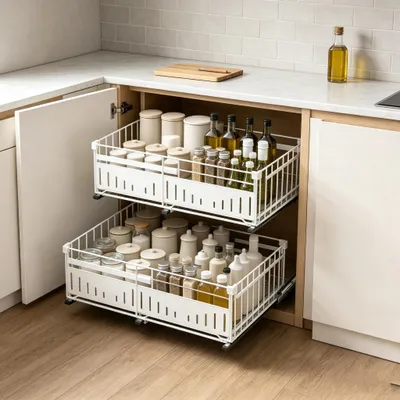 Produktbild von 2x Teleskopschublade,Ausziehbare Küchenschrank-Organizer 32-50cm,39cm Tiefe Auszugsschubladen für Schränke,Slide Out Schrank Organizer ohne Bohren
