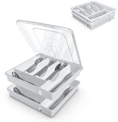 Produktbild von Unyqoos® stapelbarer 2‑lagiger Besteck-Organizer mit transparentem Deckel, 10 Fächer – Küche & Camping, staubdicht, spülmaschinenfest, lebensmittelsicher